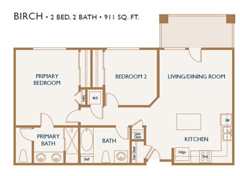 Floor plan for 2 beds, 2 baths, 911 sqft